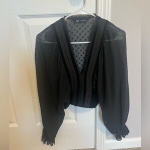 Zara Black Textured Peasant Cropped Blouse Sz XS NWOT